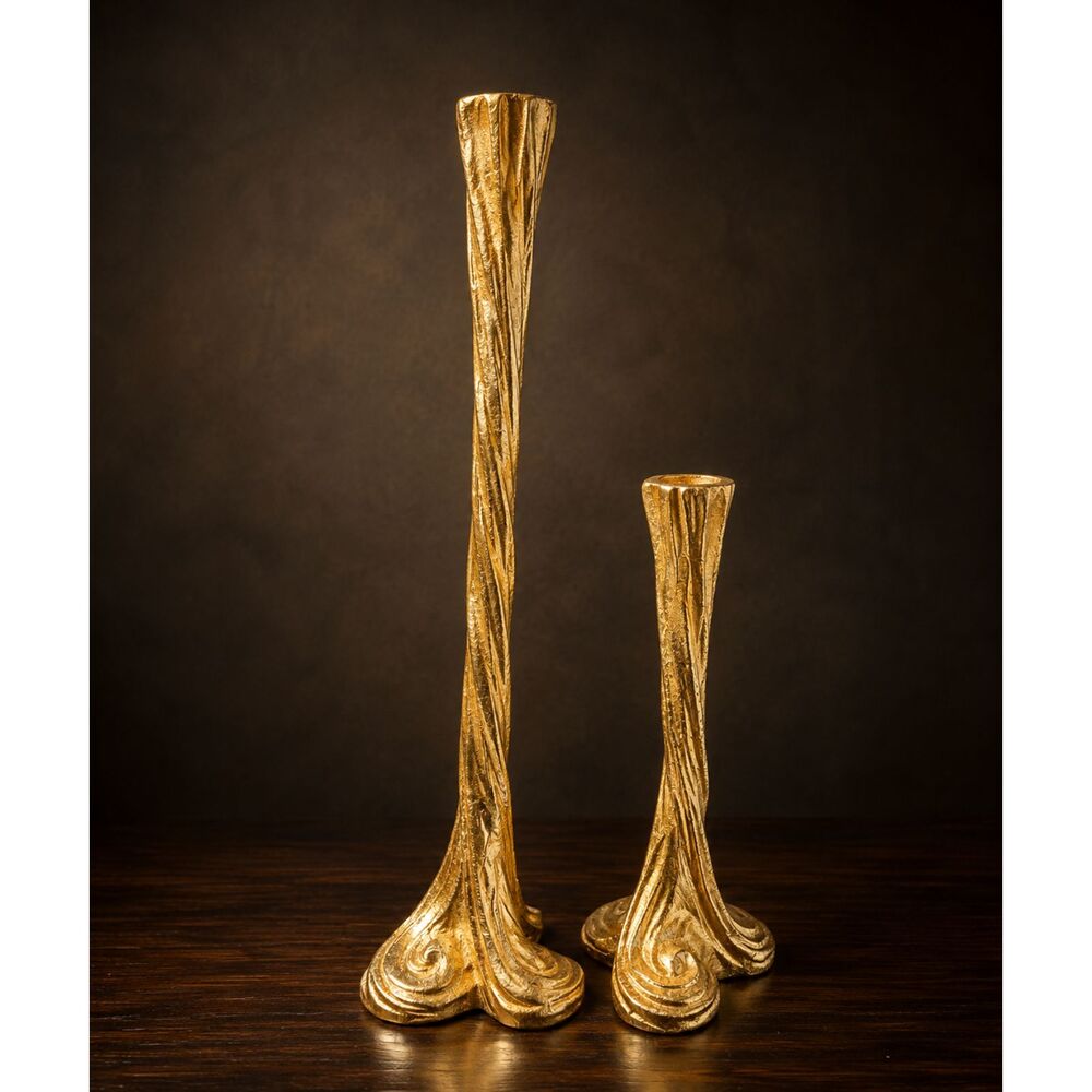 Vintage FIGI Graphics Gold Tone Candlesticks Pair 14.5"  9" Sculptural Brutalist